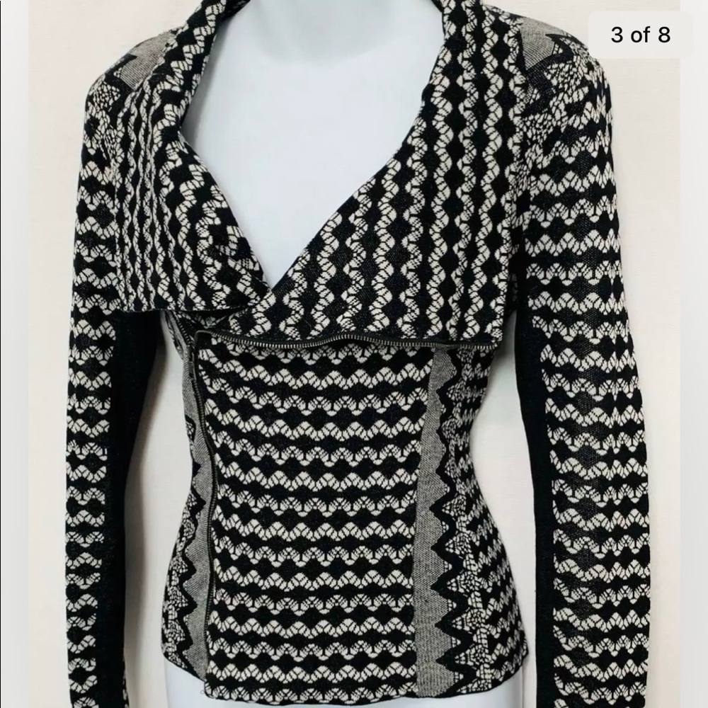 BCBGMAXAZRIA Woman’s MOTO EVA JACQUARD SILK COTTON BLACK/WHITE jacket